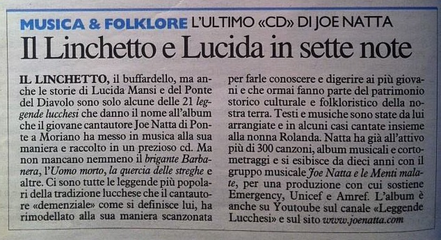 Descrizione: Descrizione: Descrizione: articolo, leggende lucchesi, la nazione, joe natta leggende lucca, musica popolare, canzoni tradizioni, garfagnana, lucca, linchetto, buffardello, cantautore.jpg